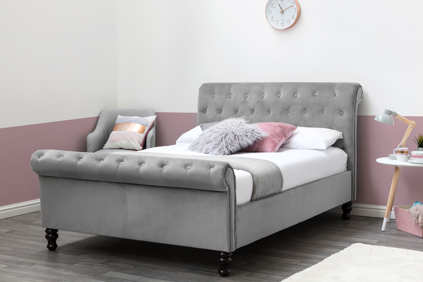 Lambeth Grey Velvet Ottoman Sleigh Bed