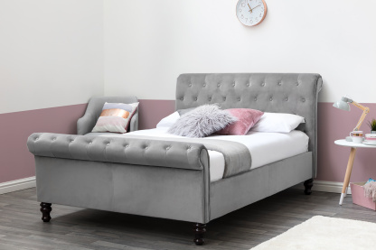 Lambeth Grey Velvet Ottoman Sleigh Bed