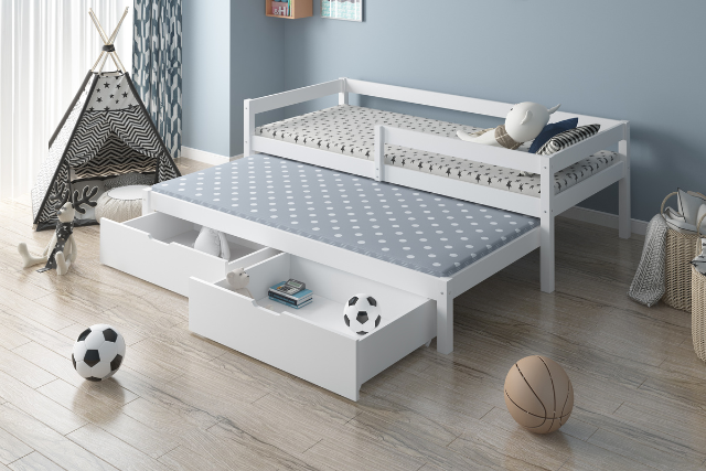 Levi White Wooden Combo Bed Set with Single Bed, Trundle and Storage Drawers