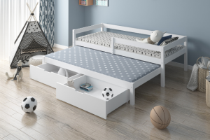 Levi White Wooden Combo Bed Set with Single Bed, Trundle and Storage Drawers