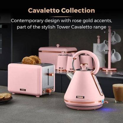Tower Cavaletto 850W Stainless Steel Marshmallow Pink & Rose Gold 2 Slice Toaster UK Plug