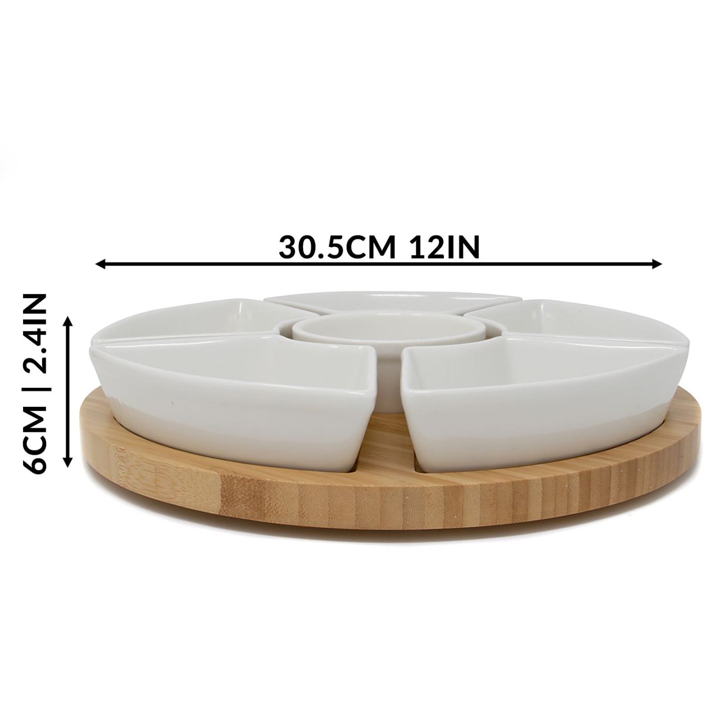 Lazy Susan Bamboo Rotating Dip Set & Ceramic Dishes | M&W