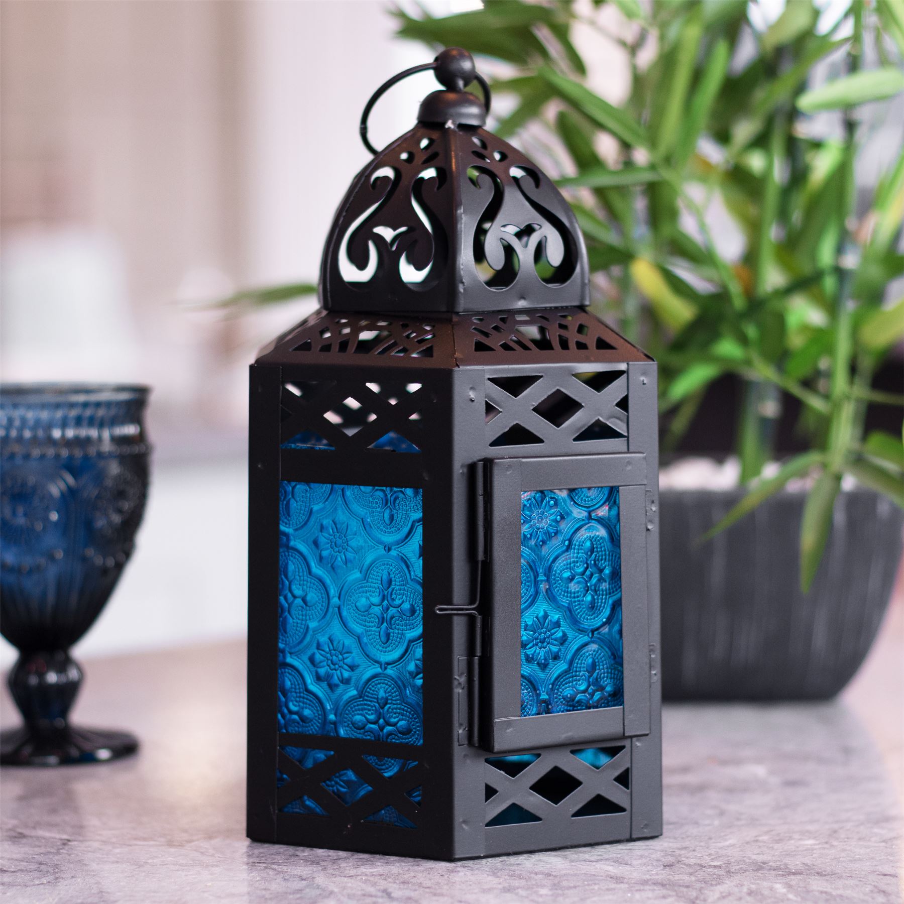 Blue Moroccan Hanging Lantern Tea Light Candle Holder in Vintage Style | M&W