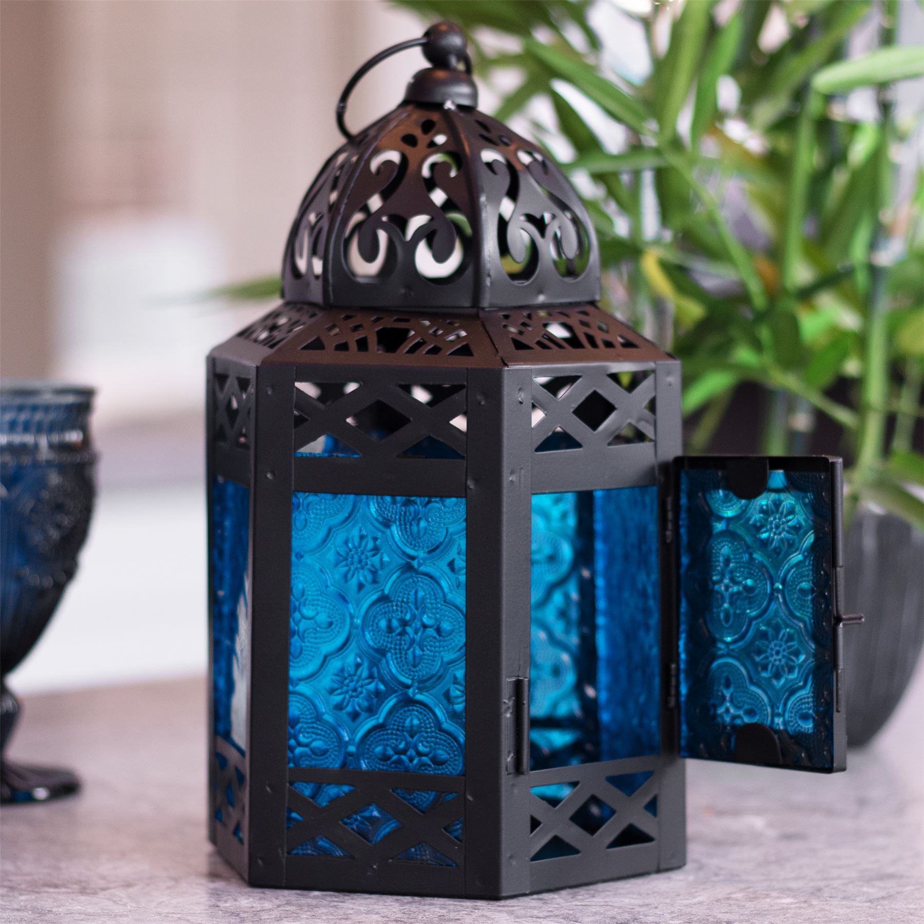 Blue Moroccan Hanging Lantern Tea Light Candle Holder in Vintage Style | M&W