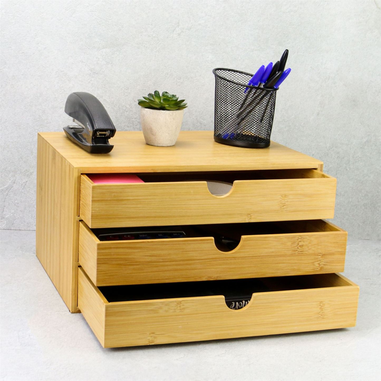 Bamboo Desktop 3 Drawer Organiser | Wide Opening | M&W