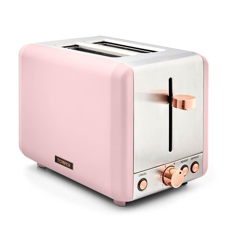 Tower Cavaletto 850W Stainless Steel Marshmallow Pink & Rose Gold 2 Slice Toaster UK Plug