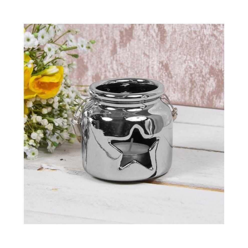 Star Ceramic Candle Holder Silver 8cm By Lesser & Pavey