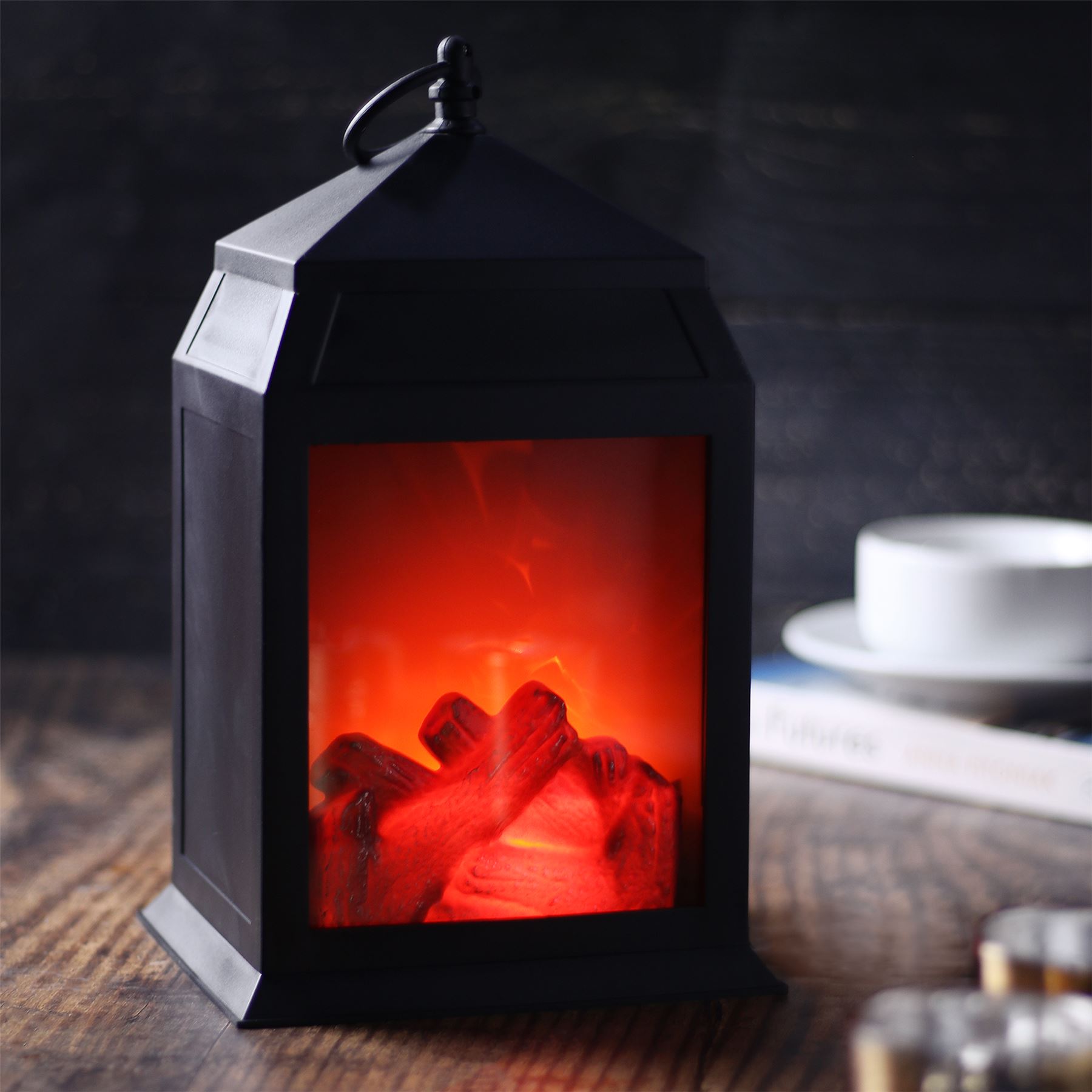 Mini LED Fireplace Lantern Matte Black