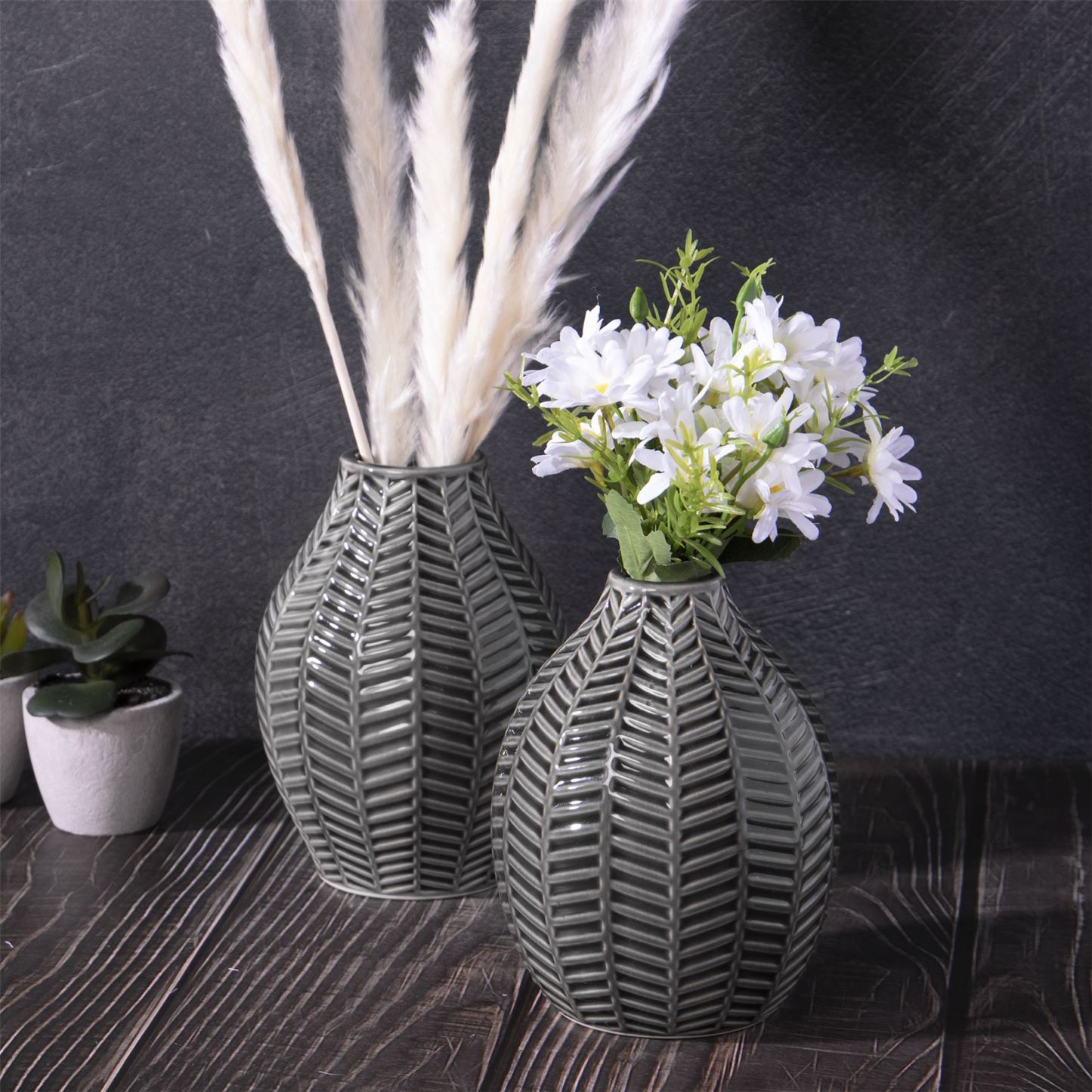 Grey Ceramic Leaf Inspired Vases - Set of 2 | M&W