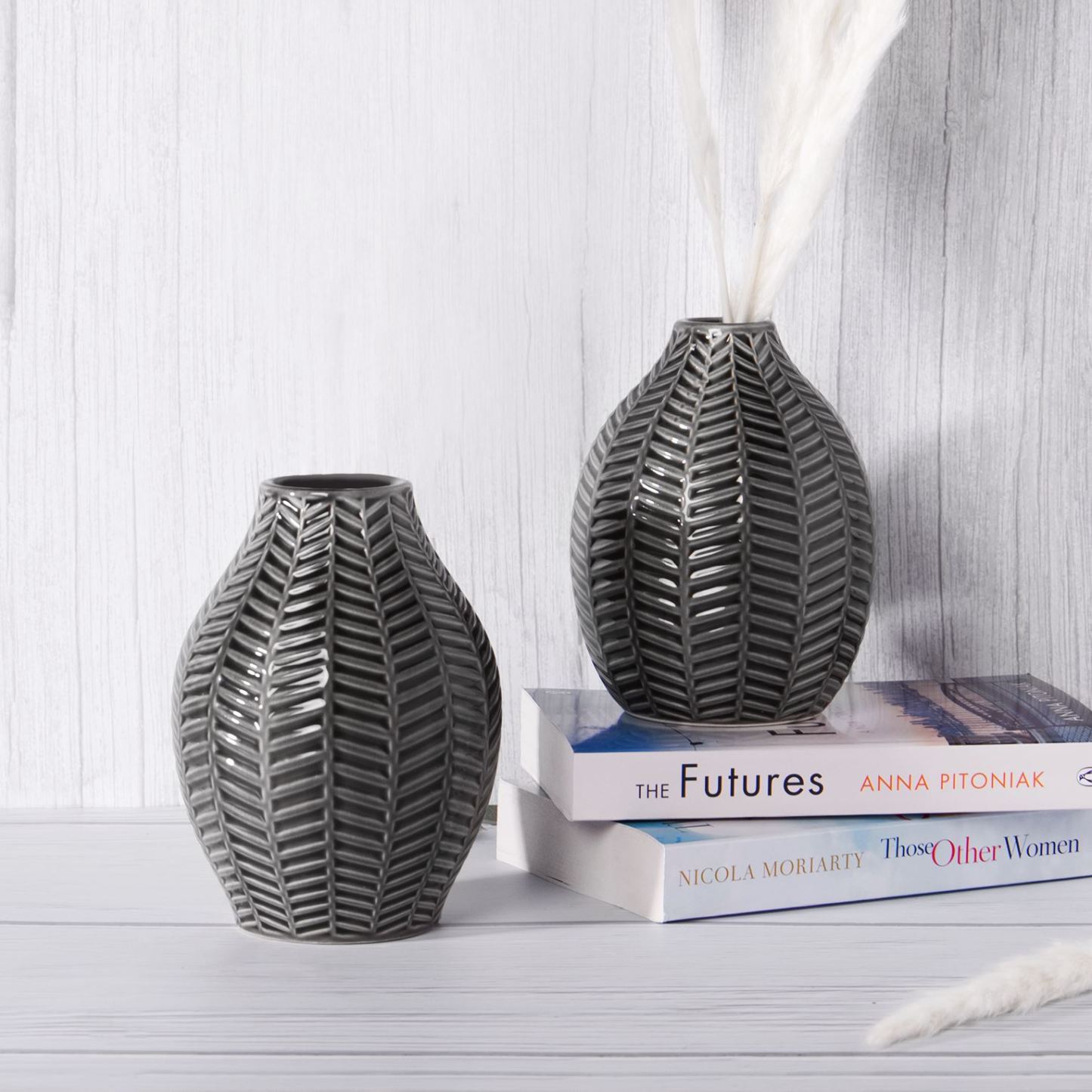 Grey Ceramic Leaf Inspired Vases - Set of 2 | M&W