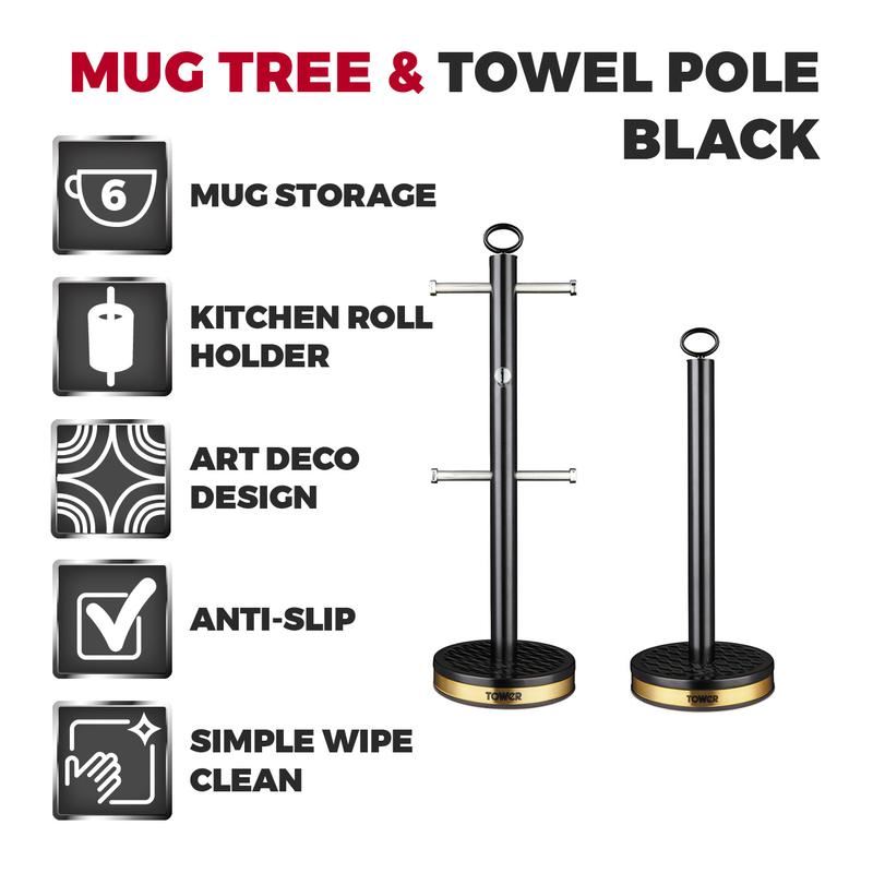 Tower Empire 6 Cup Mug Tree and Towel Pole Set Black