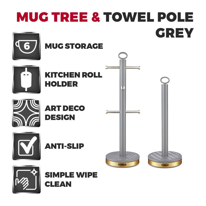 Tower Empire 6 Cup Mug Tree and Towel Pole Set Grey