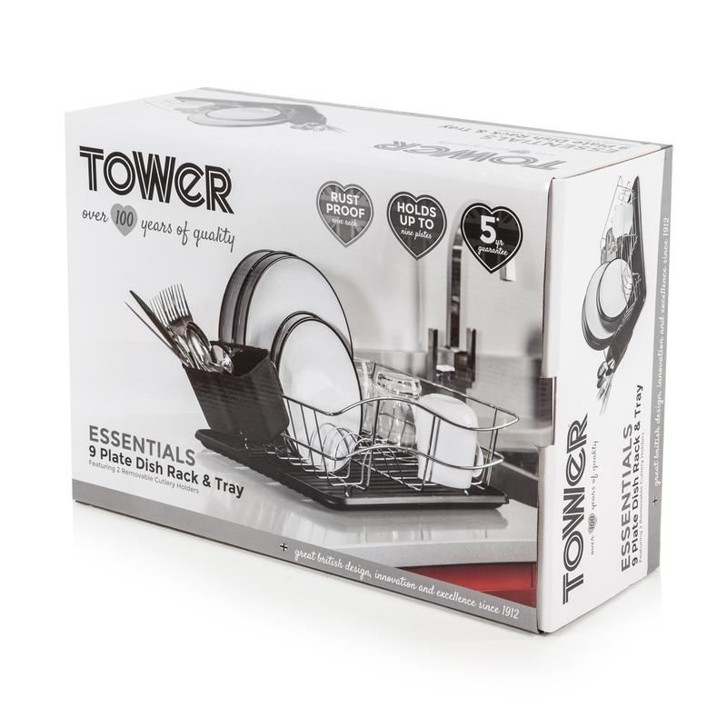 Tower Essentials Dish Rack with Tray Chrome/Black