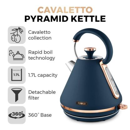 Tower Cavaletto 3KW 1.7L Pyramid Midnight Blue and Rose Gold Kettle UK Plug