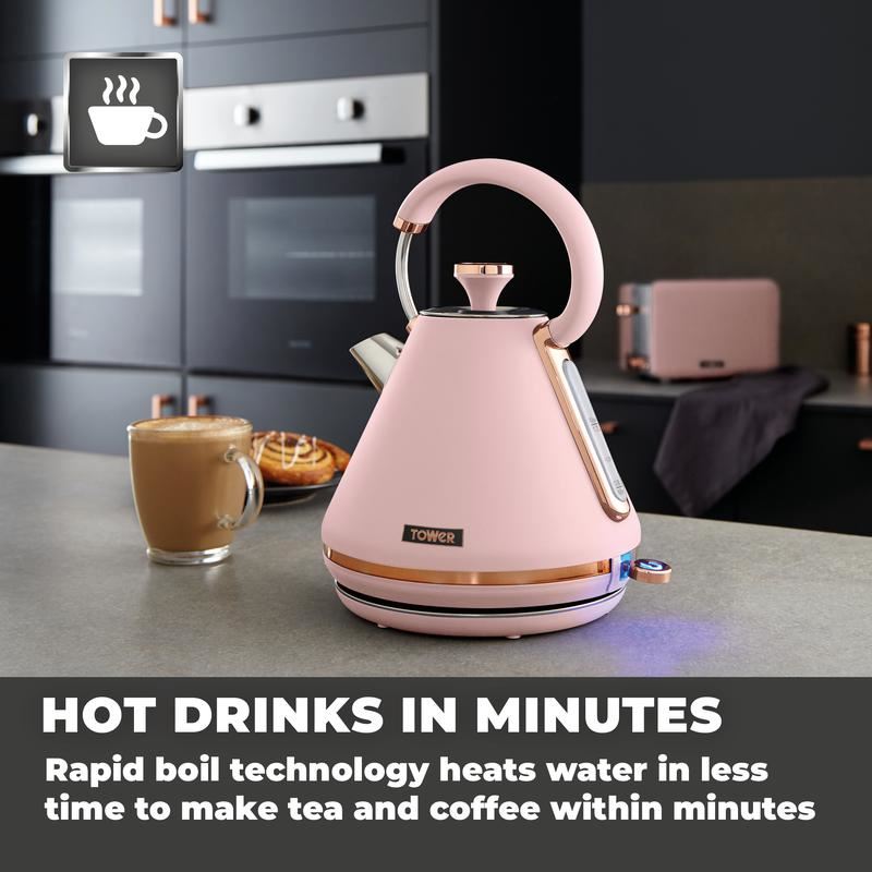 Tower Cavaletto 3KW 1.7L Marshmallow Pink & Rose Gold Pyramid Kettle UK Plug
