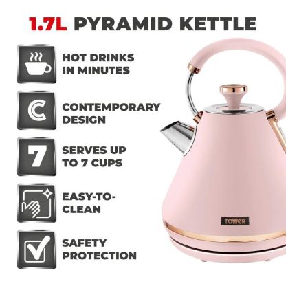 Tower Cavaletto 3KW 1.7L Marshmallow Pink & Rose Gold Pyramid Kettle UK Plug