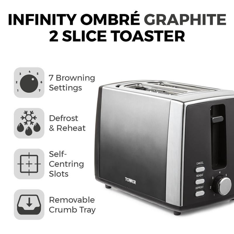 Tower Infinity Ombre Graphite 2 Slice Toaster UK Plug