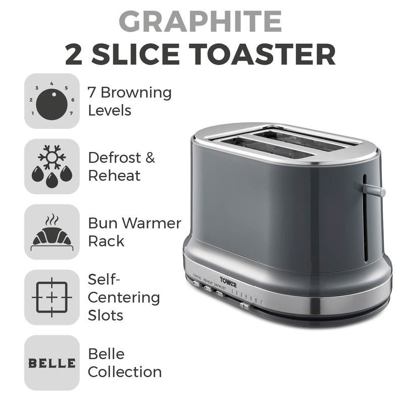 Tower Belle Graphite 2 Slice Toaster UK Plug