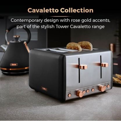 Tower Cavaletto 1800W Stainless Steel Black & Rose Gold 4 Slice Toaster UK Plug