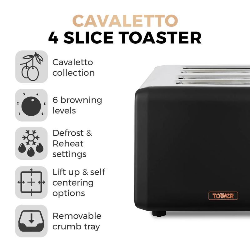 Tower Cavaletto 1800W Stainless Steel Black & Rose Gold 4 Slice Toaster UK Plug