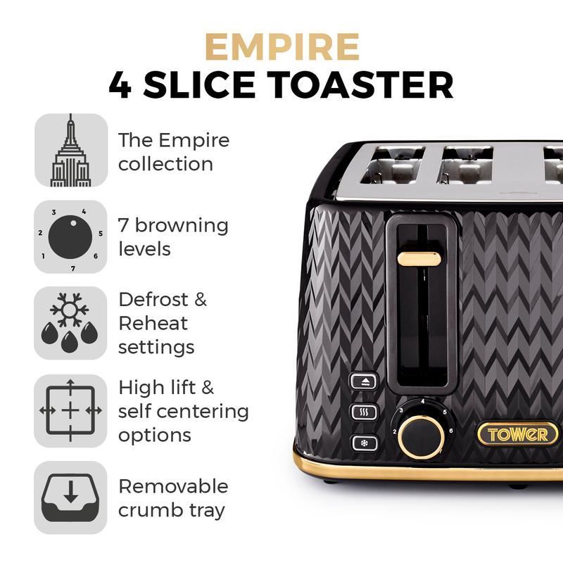 Tower Empire Black 4 Slice Toaster UK Plug