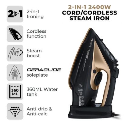 Tower CeraGlide 2400W Cord Cordless Steam Iron Black Gold UK Plug