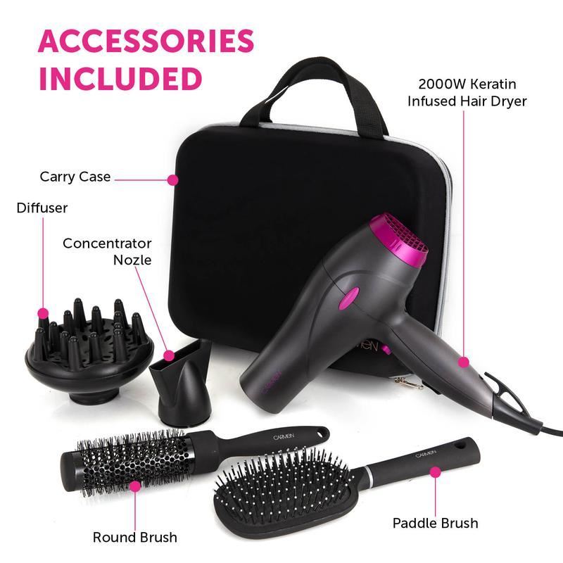 Carmen Neon 2000W Hair Dryer Styling Set Graphite/Pink UK Plug