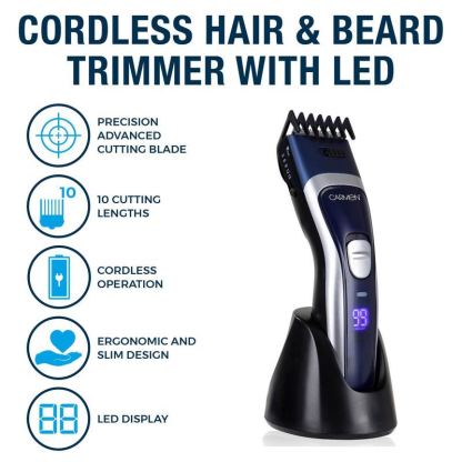 Carmen Mens Signature Cordless Hair and Beard Trimmer with LED Display Midnight Blue UK Plug