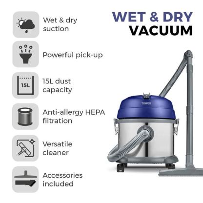 Tower Washington Blue 15L Stainless Steel Wet And Dry Vacuum