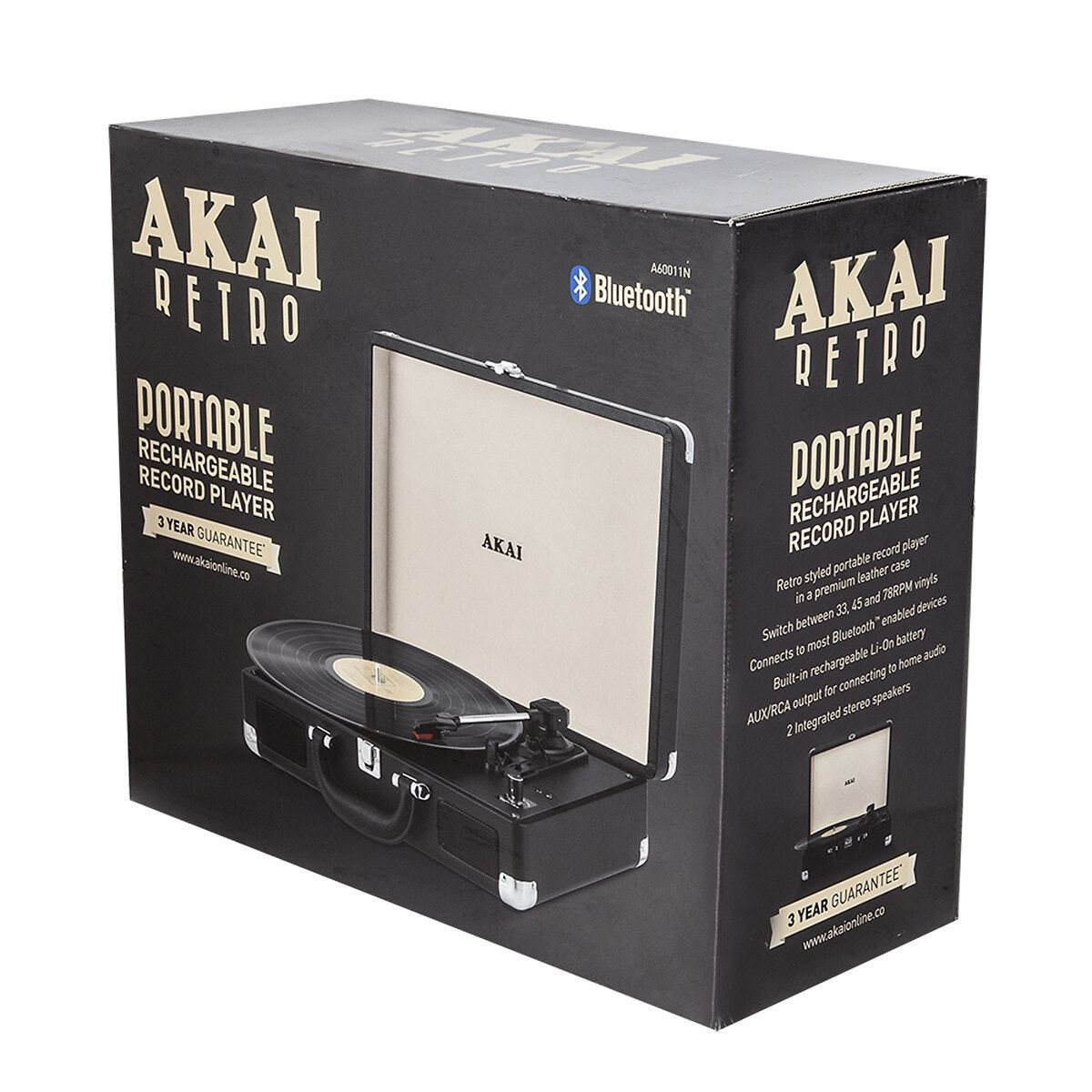 Akai Retro Bluetooth Rechargeable Turntable Black Faux Leather Case