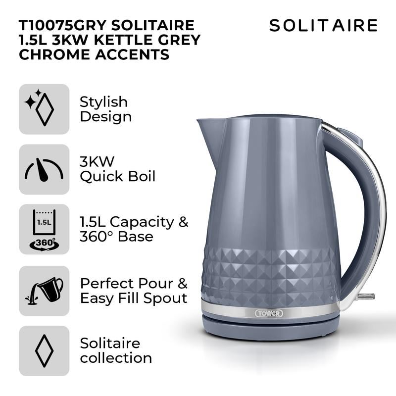 Tower Grey Chrome Accents Solitaire 1.5L 3KW Kettle
