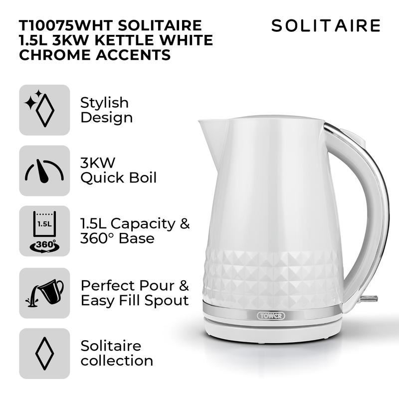 Tower White Chrome Accents Solitaire 1.5L 3KW Kettle