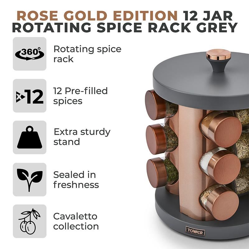Tower Grey & Rose Gold Cavaletto 12 Jar Rotating Spice Rack