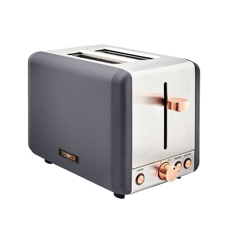 Tower Cavaletto 850W Stainless Steel Grey & Rose Gold 2 Slice Toaster UK Plug