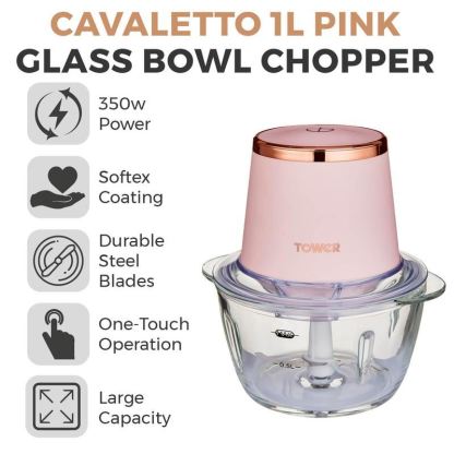 Tower Cavaletto 350W 1L Glass Mini Chopper Pink & Rose Gold UK Plug