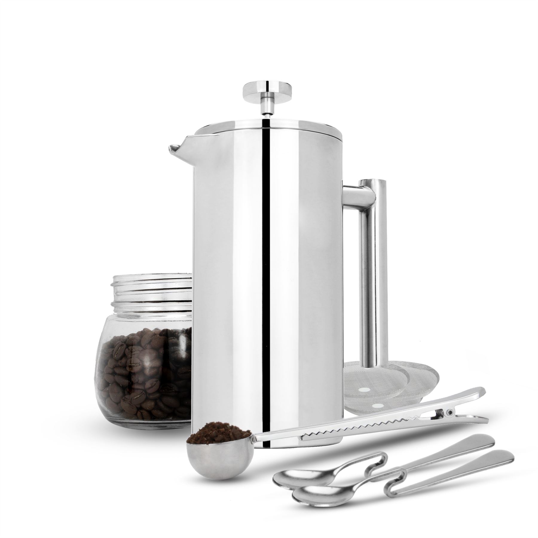 French Press Cafetiere Steel Coffee Maker FREE Filters & Spoons 350ml | M&W