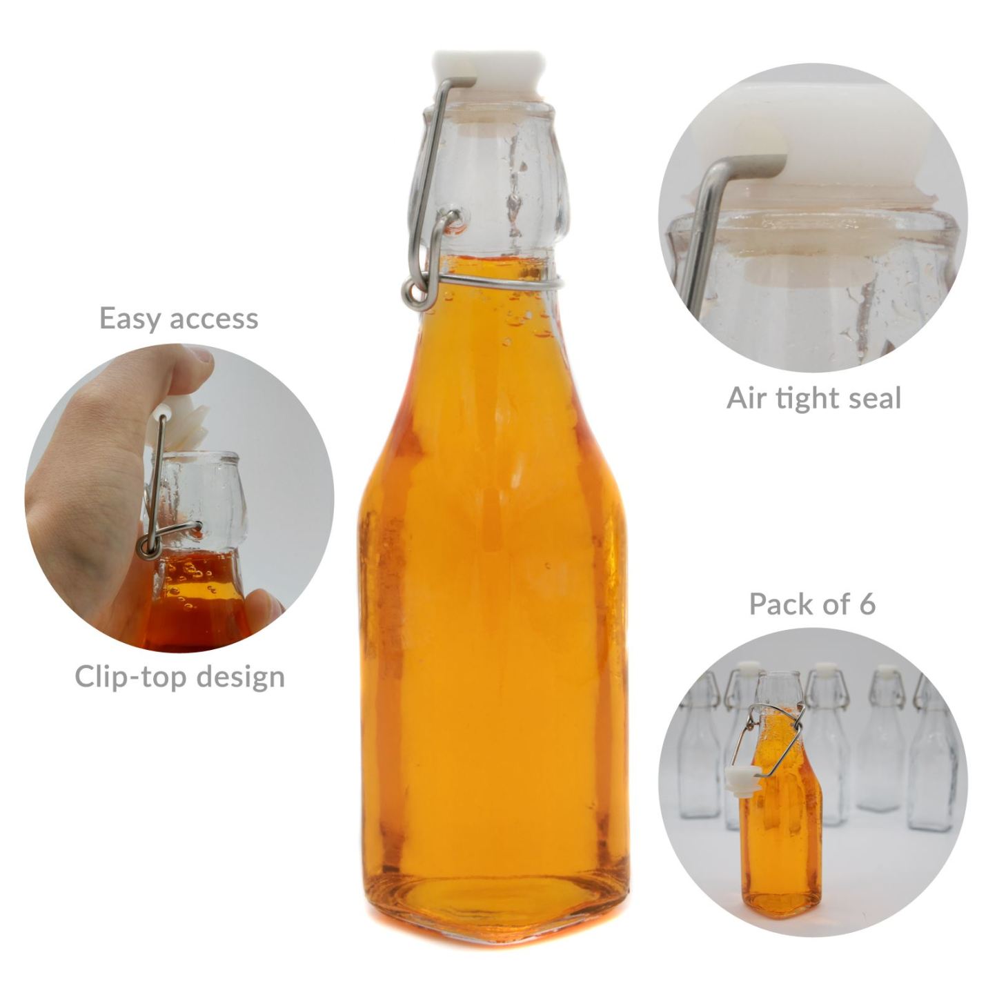 Clip Top Preserve Airtight Glass Kitchen Bottles 250ml - Set of 6 | M&W