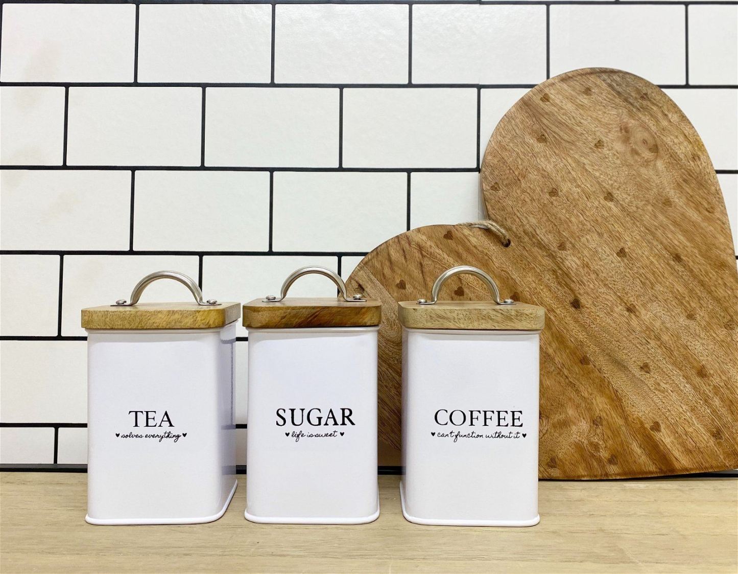 Tea Coffee & Sugar Square White Storage Tins