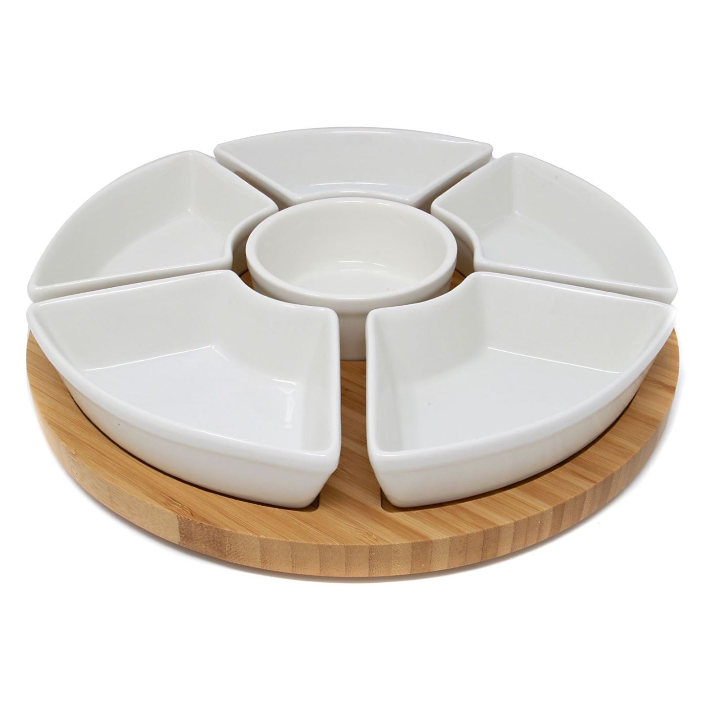 Lazy Susan Bamboo Rotating Dip Set & Ceramic Dishes | M&W