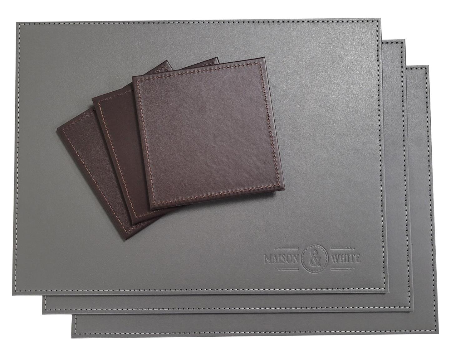 Faux Leather Placemats & Coaster Table Set Grey - 12 Piece | M&W