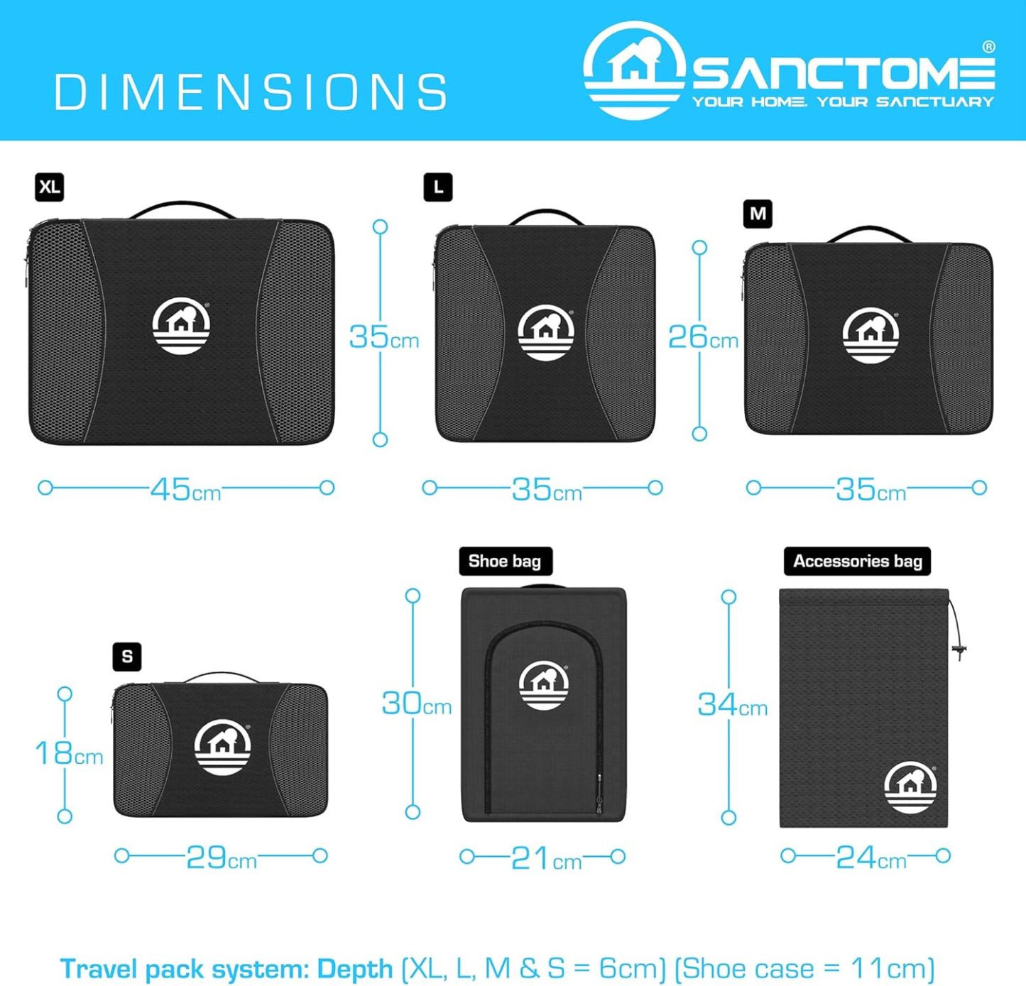 SANCTOME All Black (Set Of 6) Lightweight Packing Cubes
