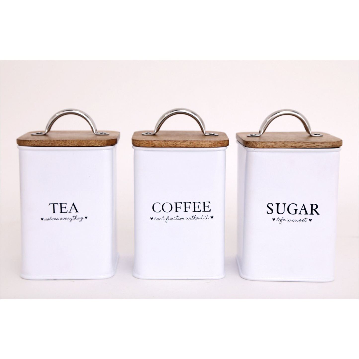 Tea Coffee & Sugar Square White Storage Tins