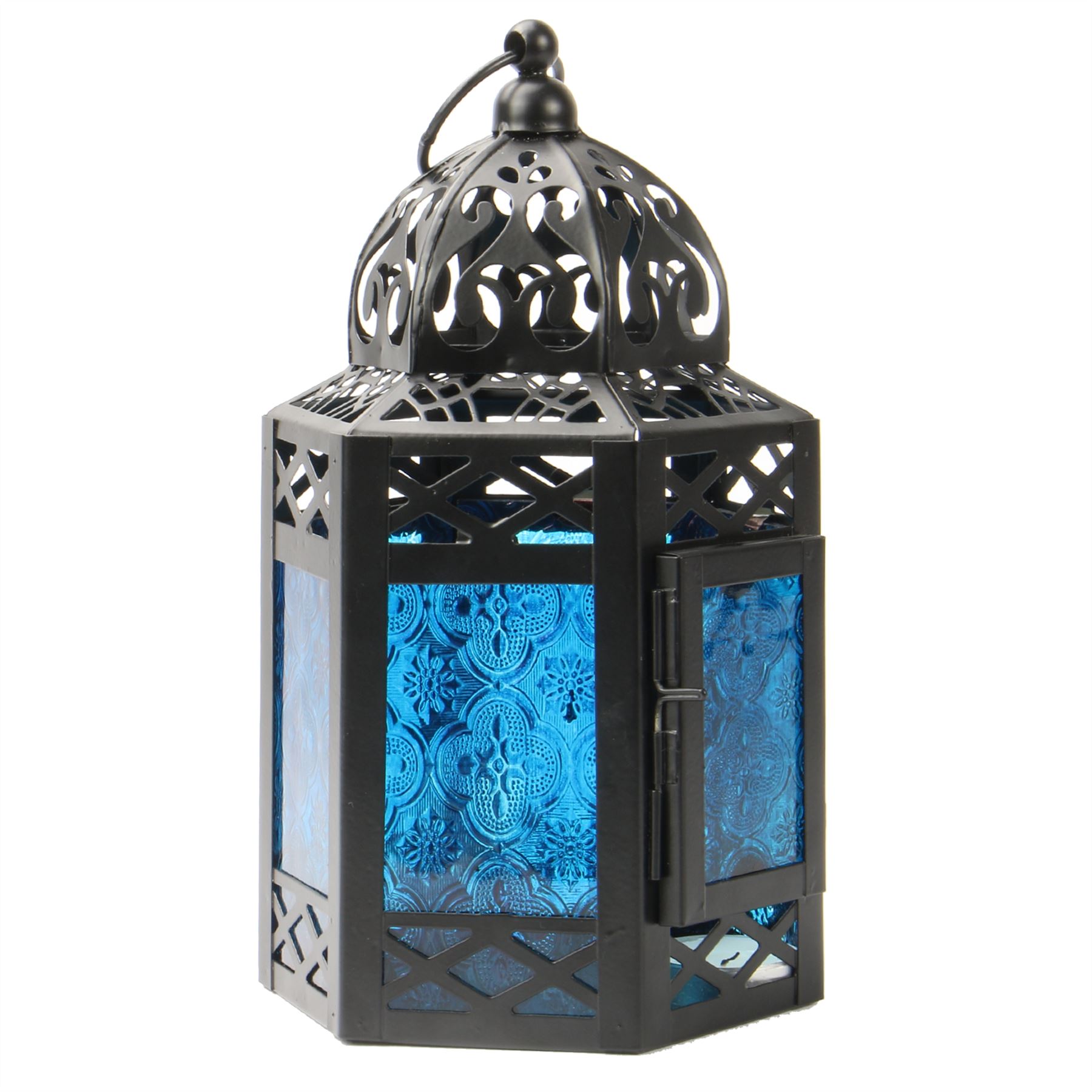 Blue Moroccan Hanging Lantern Tea Light Candle Holder in Vintage Style