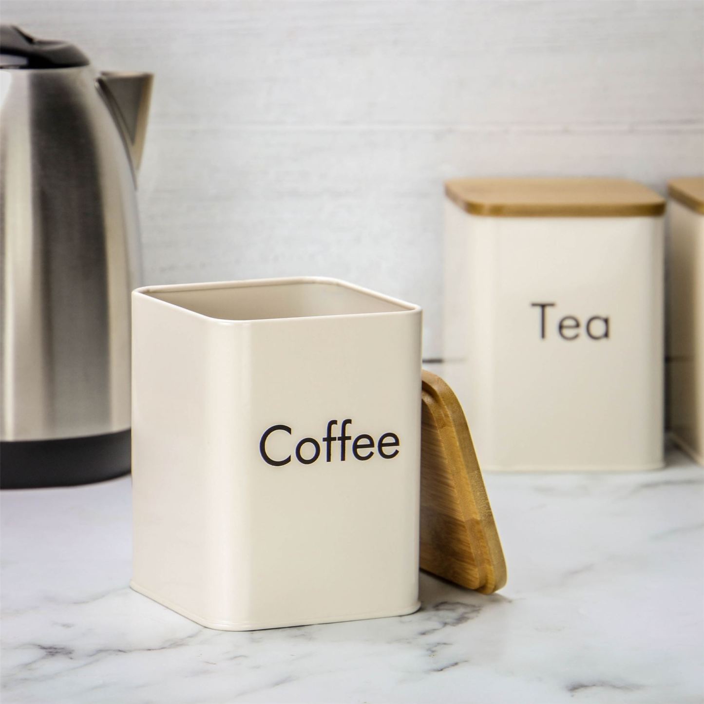 Kitchen Canister Set & Bread Bin in Cream with Bamboo Lids - 4 Piece | M&W