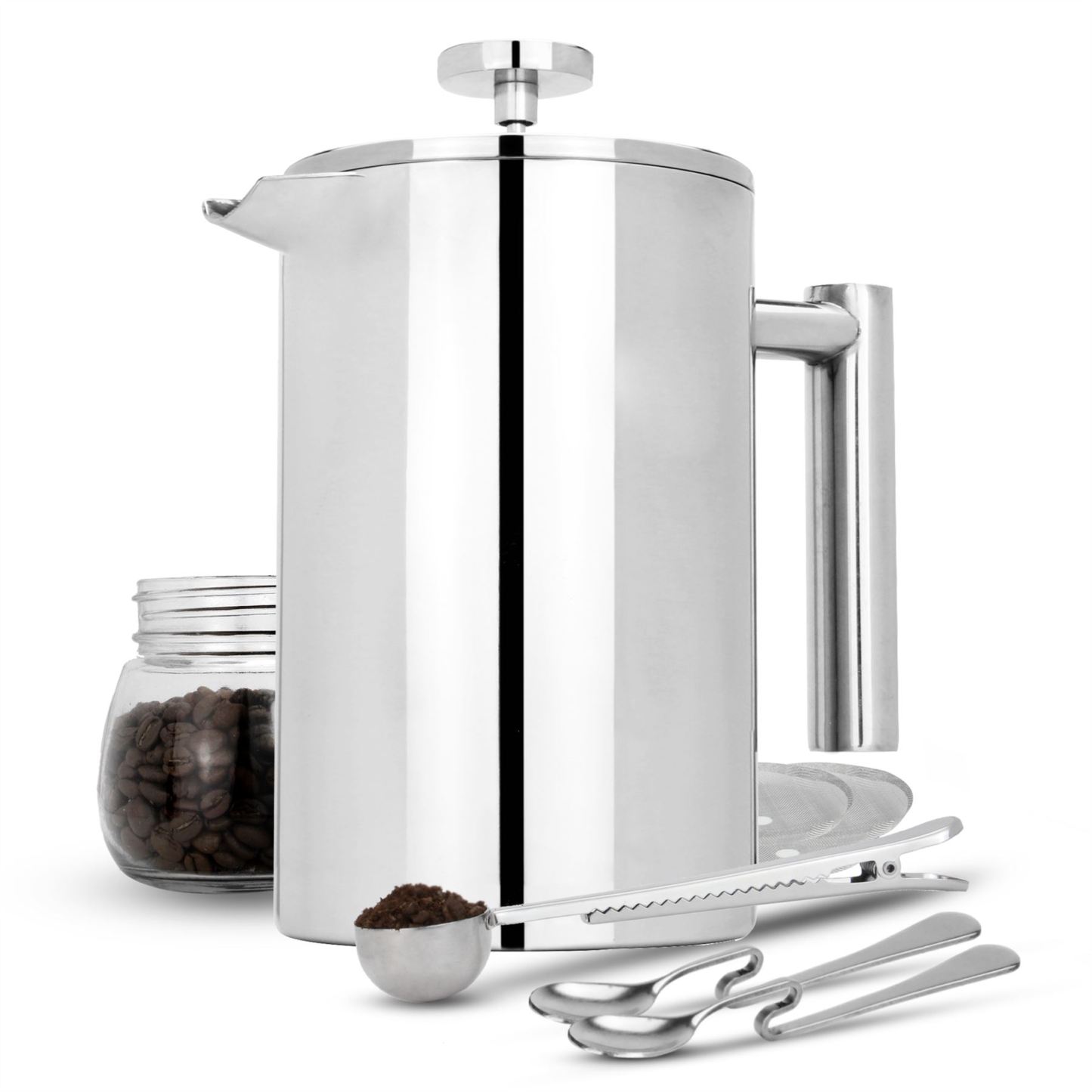 French Press Cafetiere Steel Coffee Maker FREE Filters & Spoons 1500ml | M&W