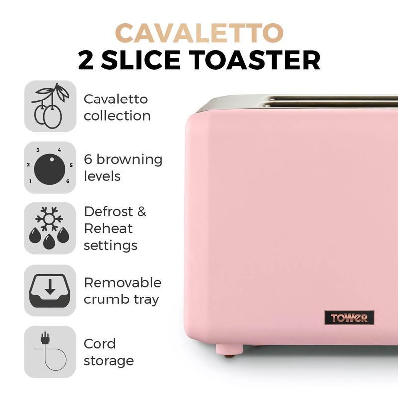 Tower Cavaletto 850W Stainless Steel Marshmallow Pink & Rose Gold 2 Slice Toaster UK Plug