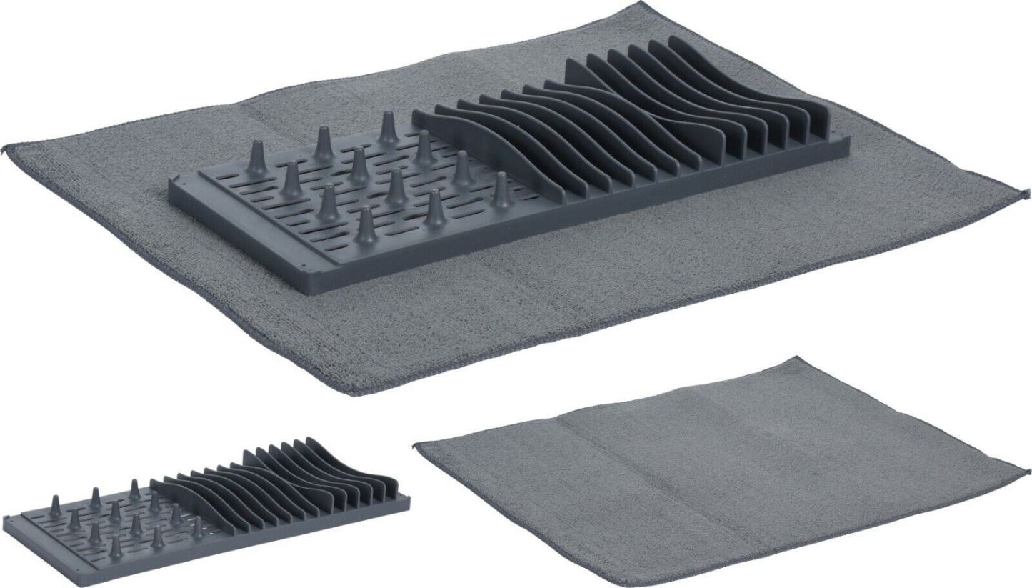 Grey Cutlery Drying Mat Dish Drainer 2 in 1 Set