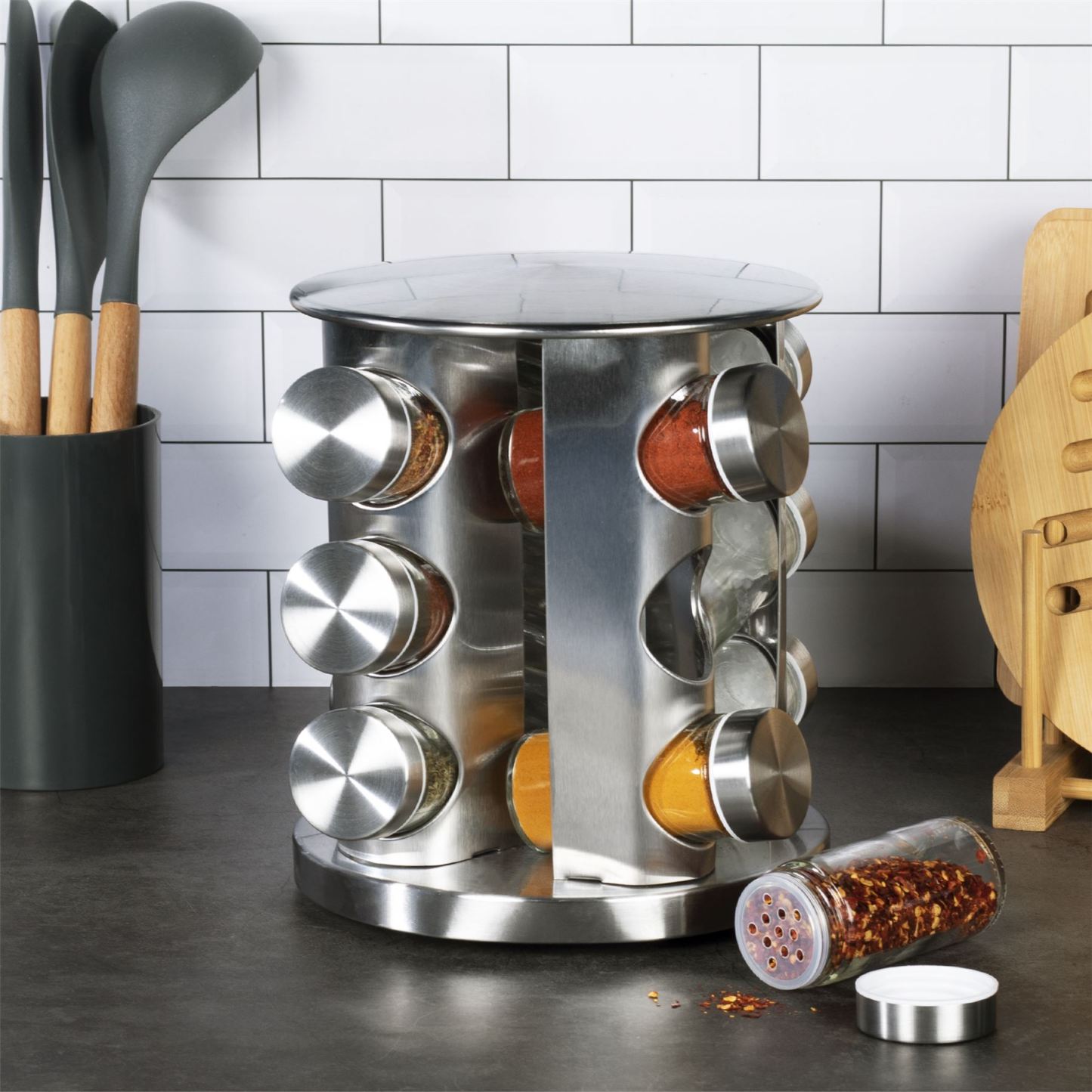 Revolving Spice Rack with 12 Glass Jars Included | M&W