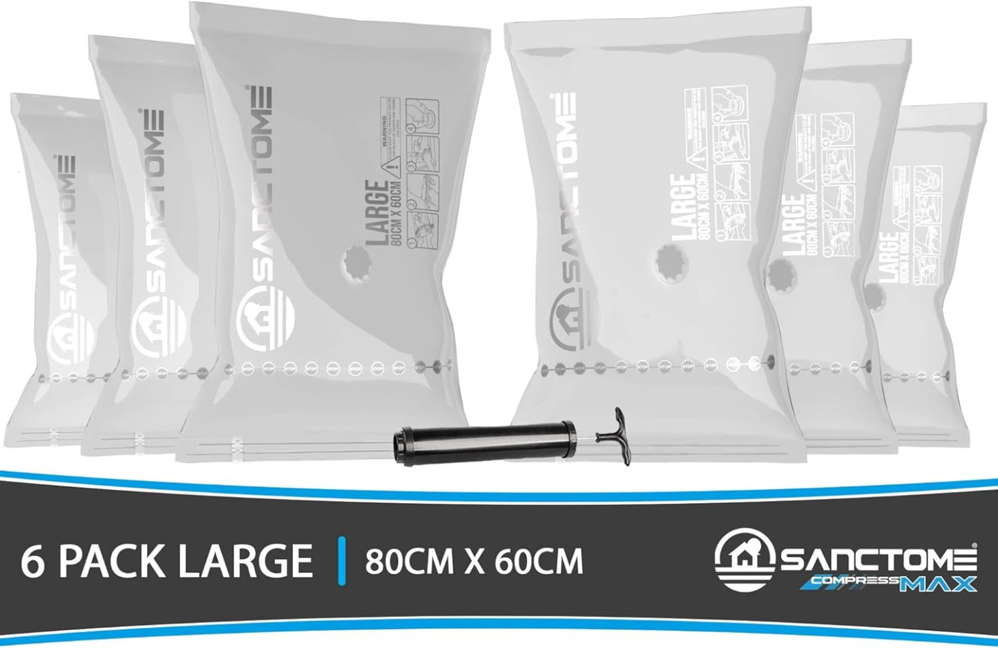 SANCTOME Pack of 6 Large Deluxe Vacuum Storage Bags With Travel Hand Pump