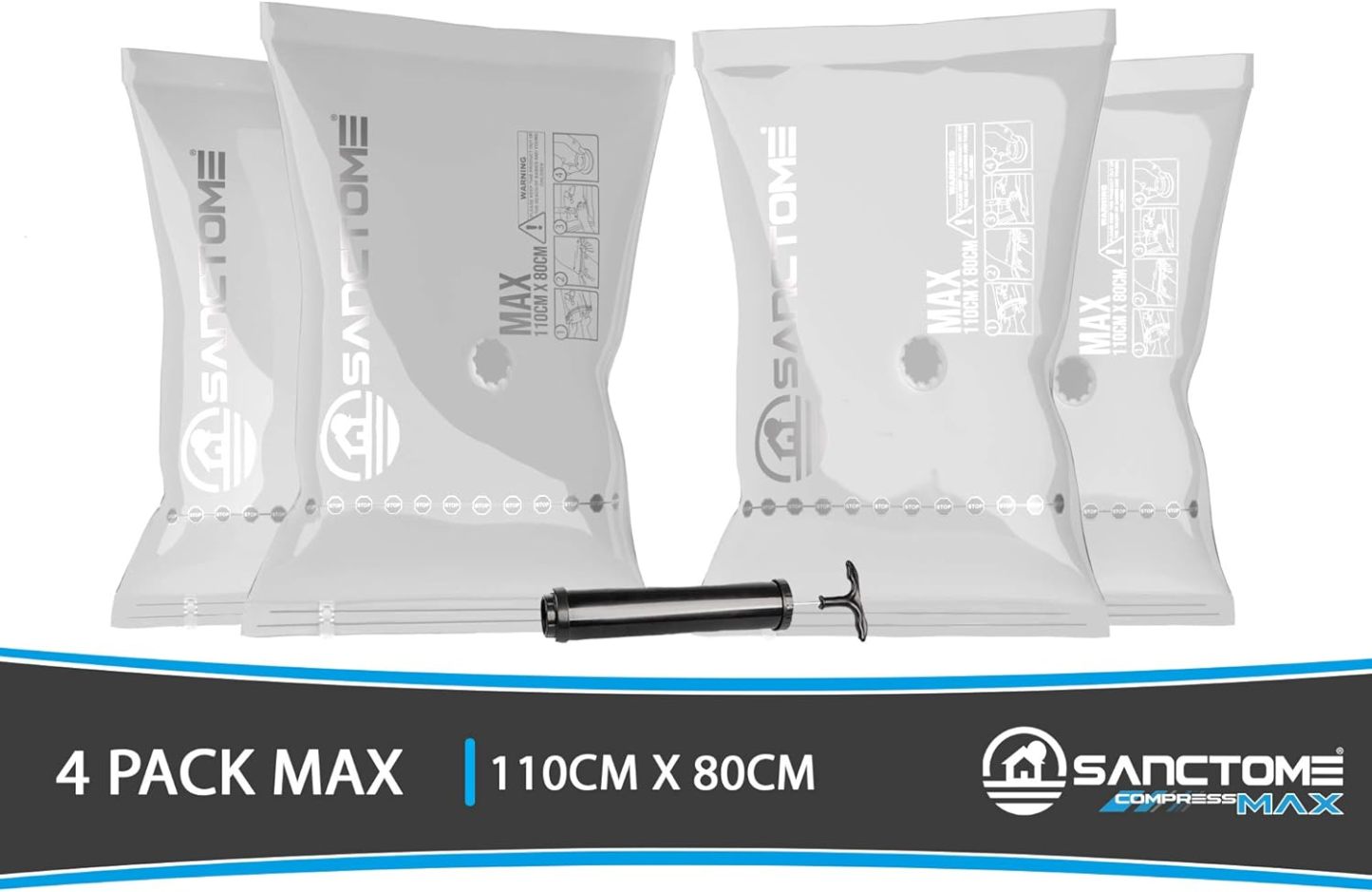 SANCTOME Pack of 4 Max Deluxe Vacuum Storage Bags With Travel Hand Pump
